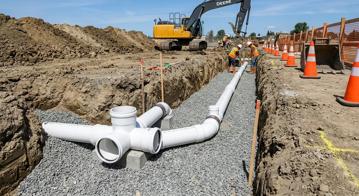 New PVC sewer pipe installation in open trench for Sewer Backup in Imperial