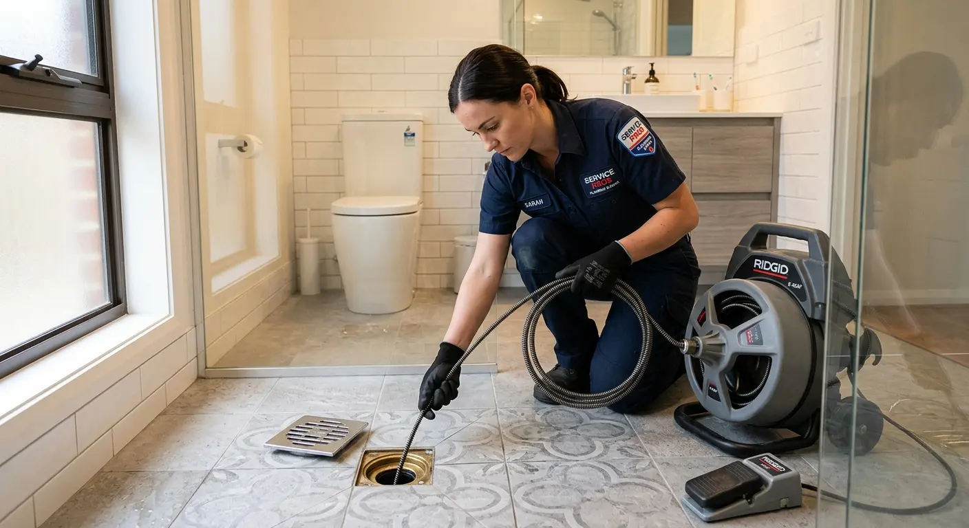 Technician clearing a bathroom floor drain for Drain Cleaning in Imperial